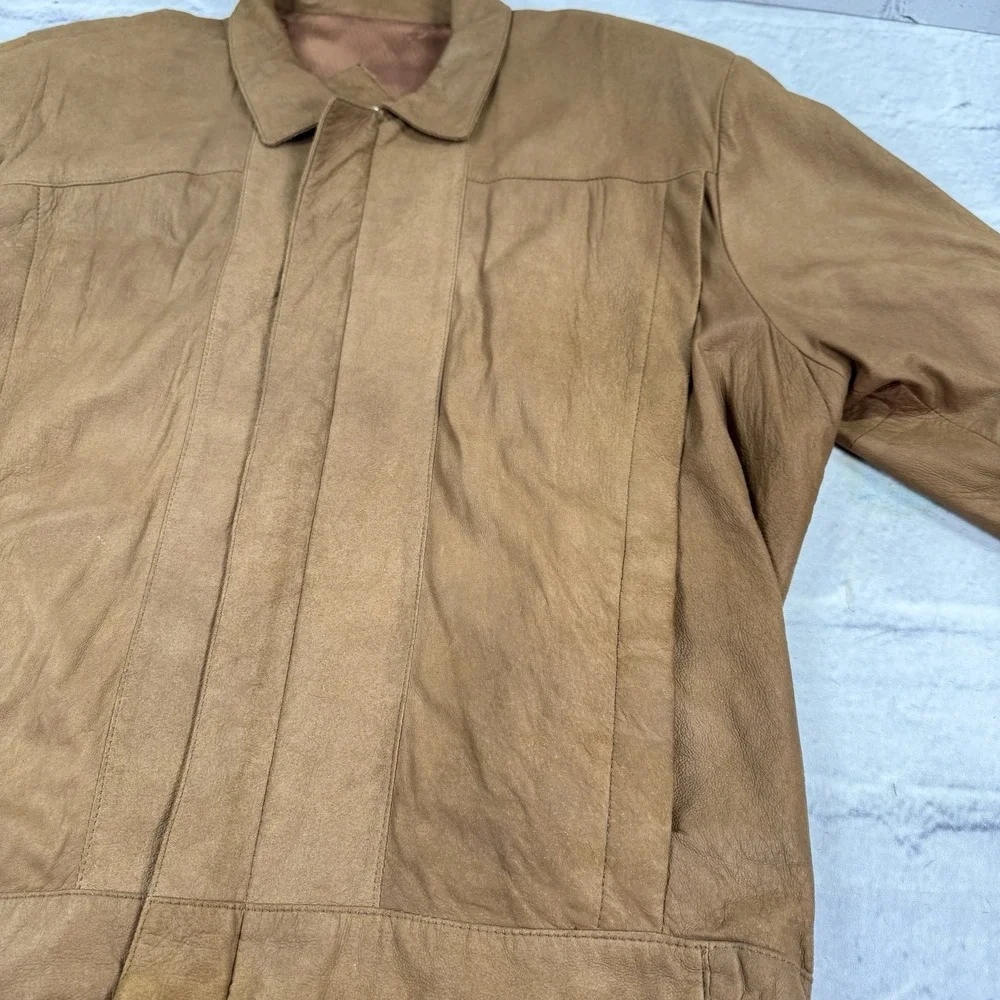 Vintage Remy‎ Mens Size 44 Leather Bomber Jacket Camel Brown Butter Soft Zip USA